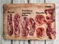 Boczek, prawdziwy angielski bekon, pancetta i jamón ułożone na desce. Różne rodzaje wędlin, każdy z nich ma swój unikalny wygląd.