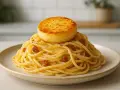 Pyszna carbonara z kawałkiem złocistego sera na wierzchu. Idealny wybór, jaki ser do carbonary? Ten wygląda obłędnie!
