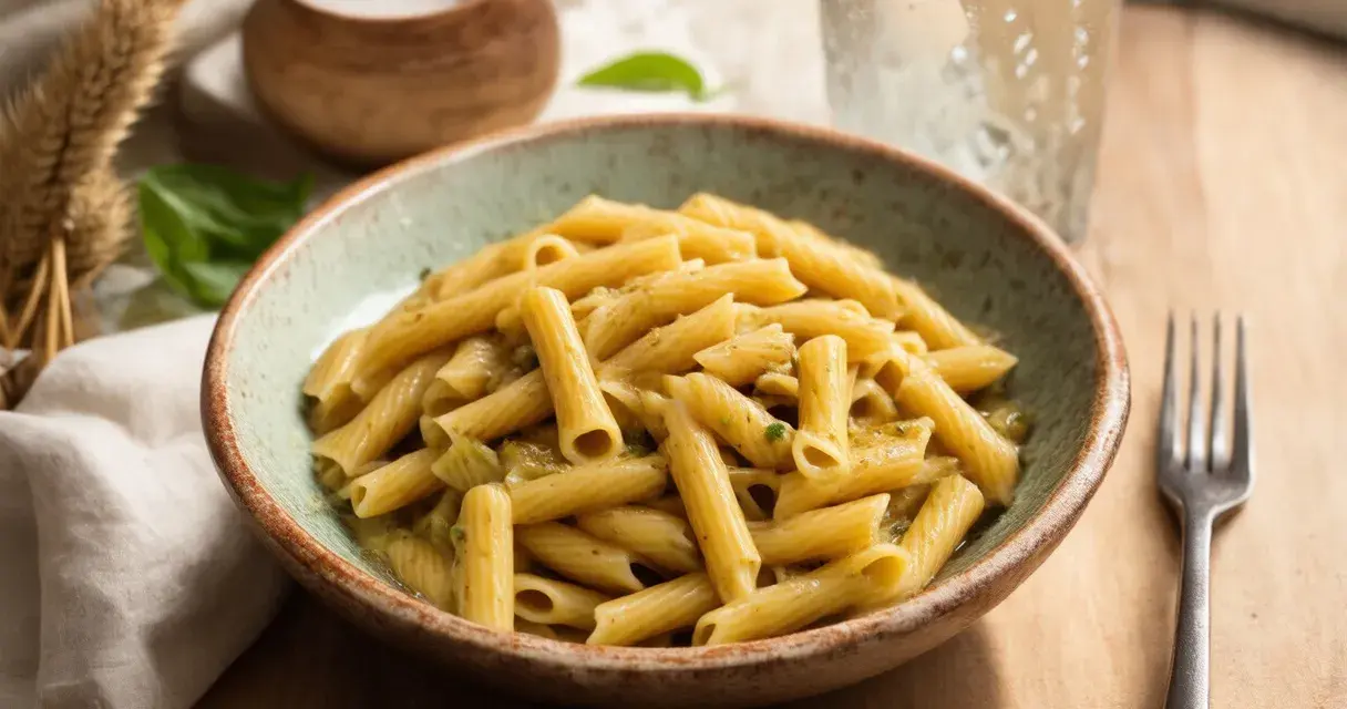 Penne z sosem pesto, idealne na szybki obiad. Dowiedz się, ile gotować makaron, by był al dente.