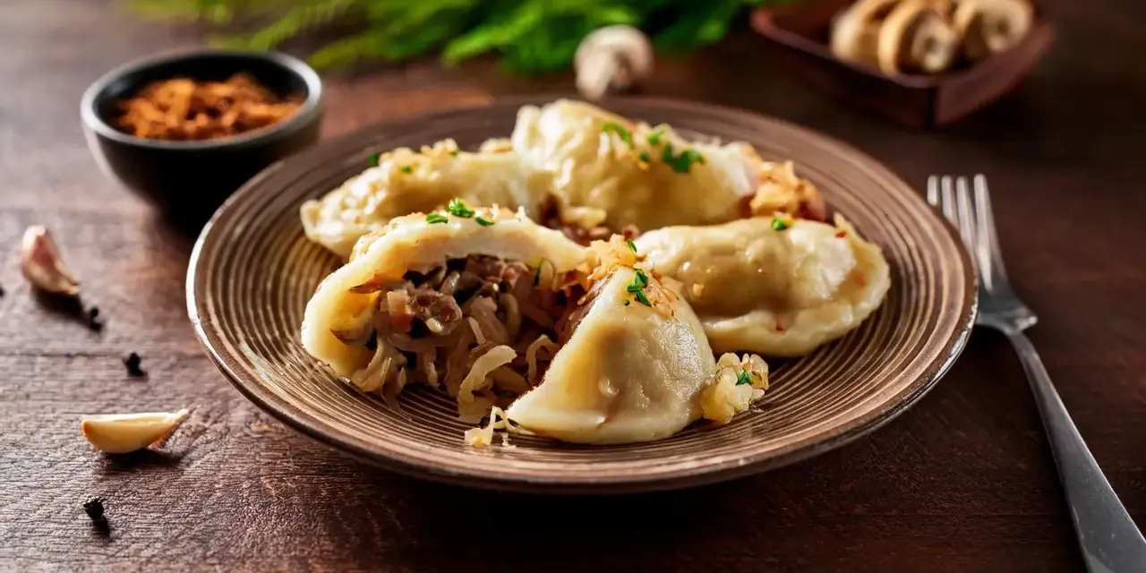 Talerz pełen pysznych pierogów z kapustą i grzybami, posypanych szczypiorkiem. Obok czosnek i pieprz.