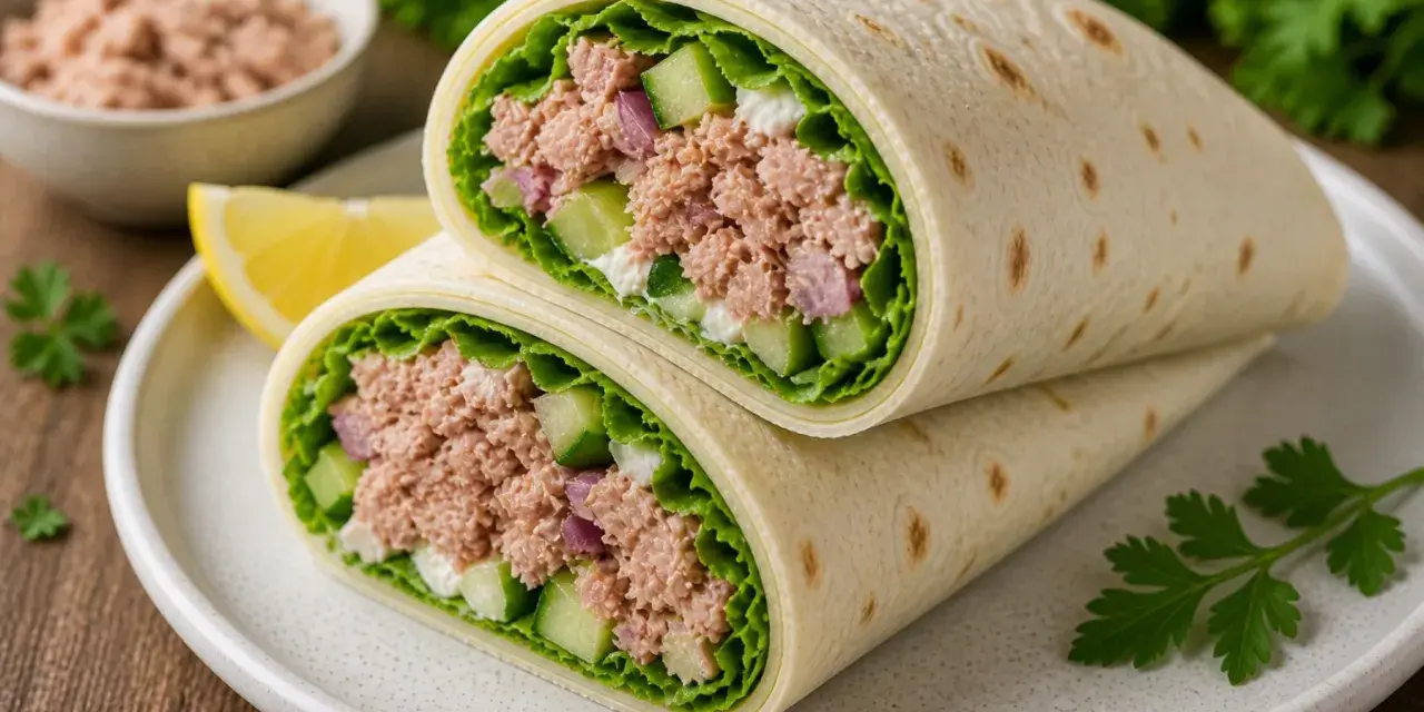 Pyszna tortilla z tuńczykiem, chrupiącym ogórkiem, czerwoną cebulą i świeżą sałatą. Idealna na szybki lunch.
