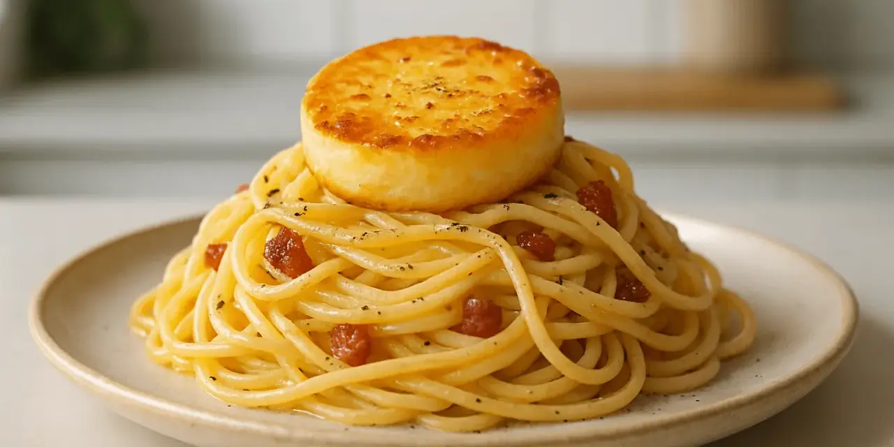 Pyszna carbonara z kawałkiem złocistego sera na wierzchu. Idealny wybór, jaki ser do carbonary? Ten wygląda obłędnie!