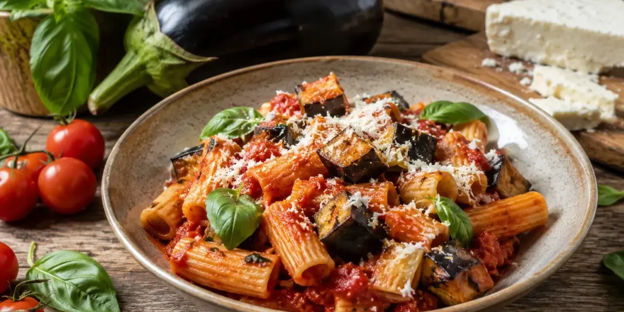 Pyszne pasta alla norma z bakłażanem, pomidorami i bazylią, posypane parmezanem. Obok świeże składniki: bakłażan, pomidorki i ser.