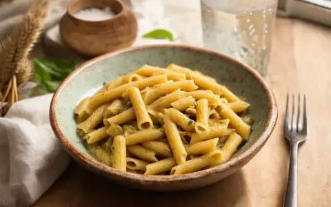 Penne z sosem pesto, idealne na szybki obiad. Dowiedz się, ile gotować makaron, by był al dente.