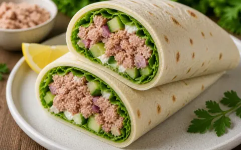 Pyszna tortilla z tuńczykiem, chrupiącym ogórkiem, czerwoną cebulą i świeżą sałatą. Idealna na szybki lunch.