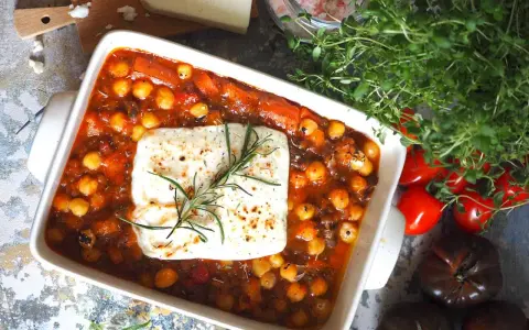 Pyszny gulasz z ciecierzycy w sosie pomidorowym, zapieczony z serem feta i gałązką rozmarynu. Obok świeże pomidory i zioła.