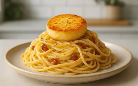 Pyszna carbonara z kawałkiem złocistego sera na wierzchu. Idealny wybór, jaki ser do carbonary? Ten wygląda obłędnie!