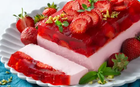 Pyszne ciasto bez pieczenia z truskawkami i galaretką, udekorowane miętą i pistacjami. Idealne na letnie popołudnie.