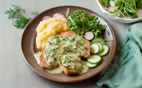 Schab w sosie koperkowym, podany z puree ziemniaczanym, sałatką z rukoli i rzodkiewki oraz plasterkami ogórka.