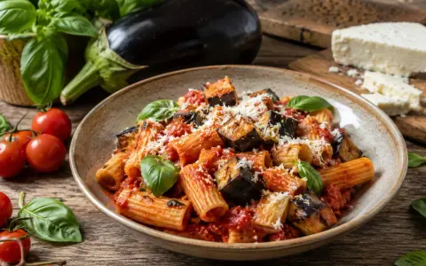 Pyszne pasta alla norma z bakłażanem, pomidorami i bazylią, posypane parmezanem. Obok świeże składniki: bakłażan, pomidorki i ser.