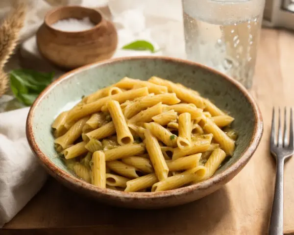 Penne z sosem pesto, idealne na szybki obiad. Dowiedz się, ile gotować makaron, by był al dente.