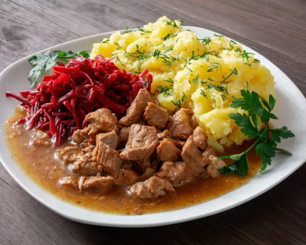 Pyszny gulasz z łopatki w sosie, podany z purée ziemniaczanym i surówką z buraczków.