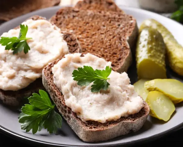 Domowy smalec przepis babci na ciemnym chlebie, ozdobiony natką pietruszki, z ogórkami kiszonymi. Pyszne, tradycyjne danie.