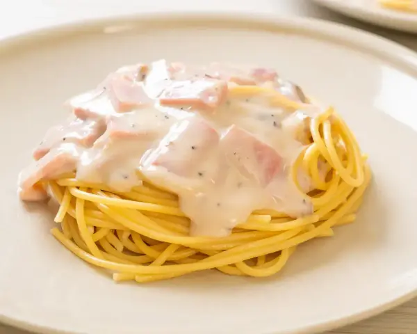 Pyszny makaron z serem i kawałkami szynki, polany kremowym sosem. Idealny na szybki obiad.