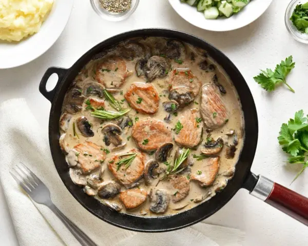 Pyszne polędwiczki w sosie pieczarkowym, podane w patelni, z gałązkami rozmarynu i posypane natką pietruszki. Obok puree ziemniaczane.