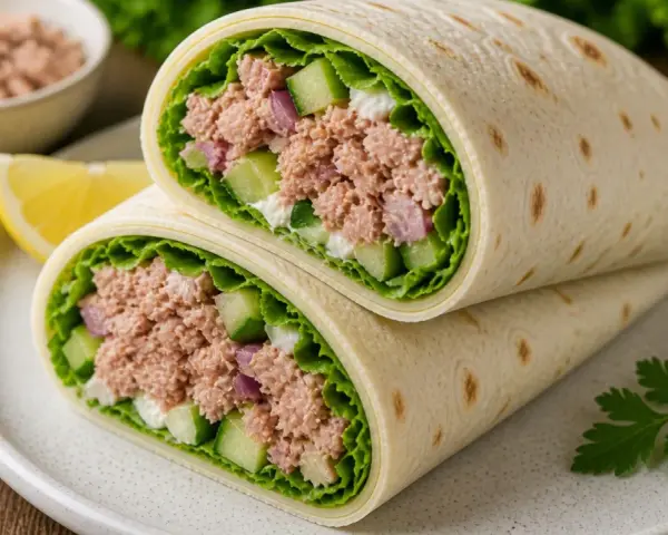 Pyszna tortilla z tuńczykiem, chrupiącym ogórkiem, czerwoną cebulą i świeżą sałatą. Idealna na szybki lunch.