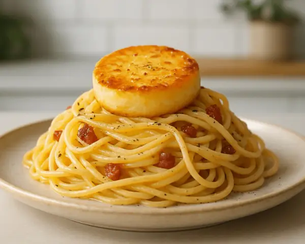 Pyszna carbonara z kawałkiem złocistego sera na wierzchu. Idealny wybór, jaki ser do carbonary? Ten wygląda obłędnie!