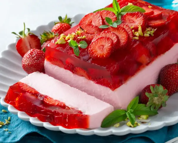 Pyszne ciasto bez pieczenia z truskawkami i galaretką, udekorowane miętą i pistacjami. Idealne na letnie popołudnie.