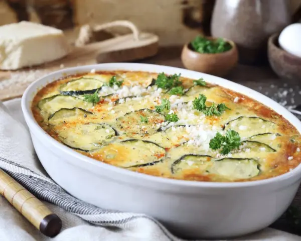 Pyszna zapiekanka z cukinii, udekorowana natką pietruszki i startym parmezanem, prezentuje się apetycznie w białej naczyniu.