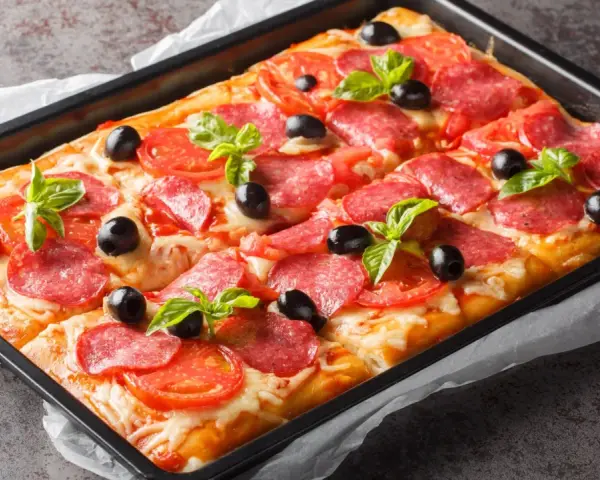 Chrupiąca pizza z ciasta francuskiego z salami, pomidorami, oliwkami i bazylią, prosto z blachy.