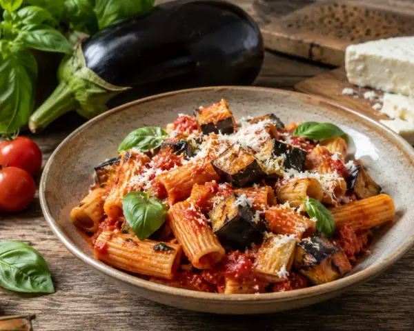 Pyszne pasta alla norma z bakłażanem, pomidorami i bazylią, posypane parmezanem. Obok świeże składniki: bakłażan, pomidorki i ser.