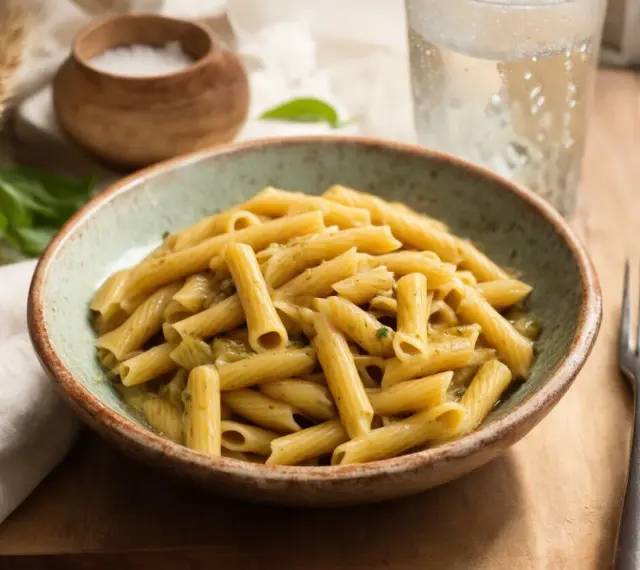 Penne z sosem pesto, idealne na szybki obiad. Dowiedz się, ile gotować makaron, by był al dente.
