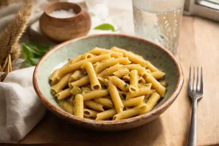 Penne z sosem pesto, idealne na szybki obiad. Dowiedz się, ile gotować makaron, by był al dente.