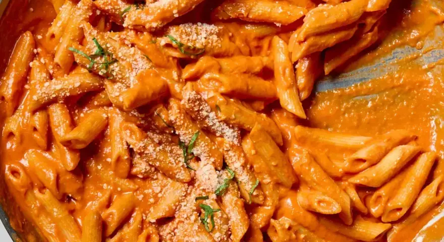 Penne alla vodka w kremowym, pomarańczowym sosie, posypane parmezanem i bazylią.