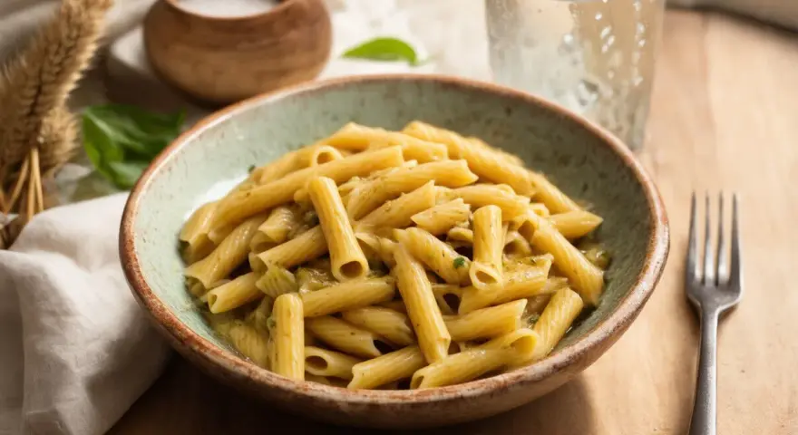 Penne z sosem pesto, idealne na szybki obiad. Dowiedz się, ile gotować makaron, by był al dente.