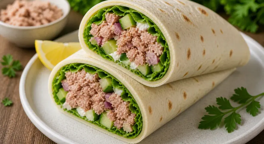 Pyszna tortilla z tuńczykiem, chrupiącym ogórkiem, czerwoną cebulą i świeżą sałatą. Idealna na szybki lunch.