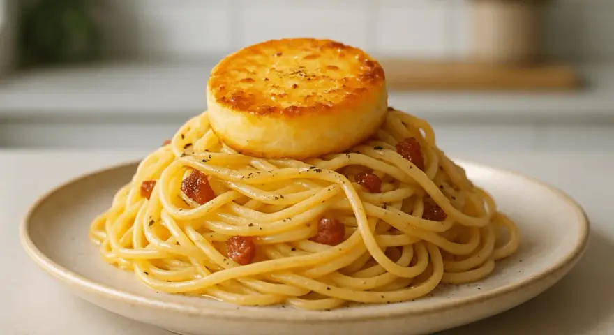Pyszna carbonara z kawałkiem złocistego sera na wierzchu. Idealny wybór, jaki ser do carbonary? Ten wygląda obłędnie!