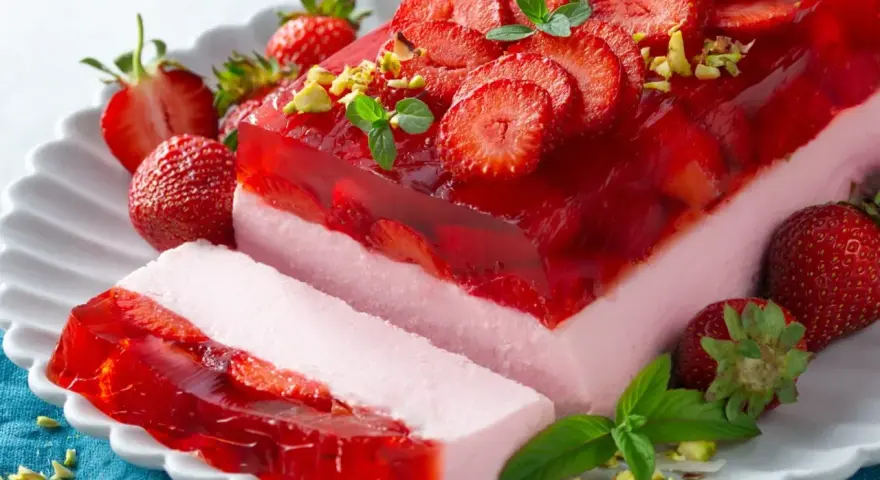 Pyszne ciasto bez pieczenia z truskawkami i galaretką, udekorowane miętą i pistacjami. Idealne na letnie popołudnie.