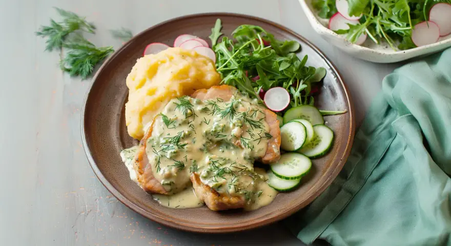 Schab w sosie koperkowym, podany z puree ziemniaczanym, sałatką z rukoli i rzodkiewki oraz plasterkami ogórka.