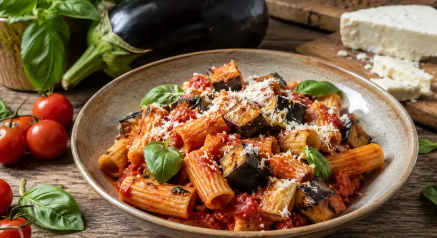 Pyszne pasta alla norma z bakłażanem, pomidorami i bazylią, posypane parmezanem. Obok świeże składniki: bakłażan, pomidorki i ser.