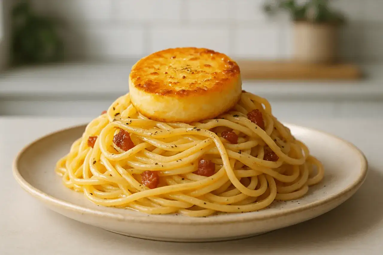 Pyszna carbonara z kawałkiem zapiekanego sera na wierzchu. Idealny wyb&oacute;r, jaki ser do carbonary? Ten wygląda obłędnie!