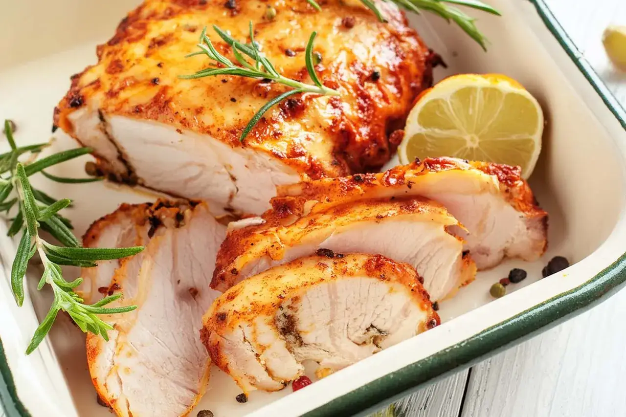 Soczyste, pieczone filet z indyka pokrojone w plastry, ozdobione gałązkami rozmarynu i plasterkiem cytryny.