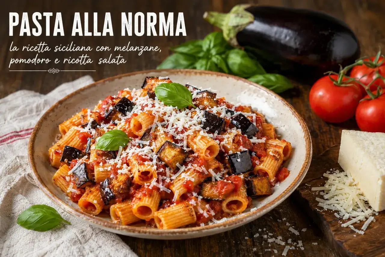 Pyszne danie pasta alla norma z makaronem rigatoni, kawałkami bakłażana w sosie pomidorowym, posypane startym serem ricotta salata i listkami bazylii.