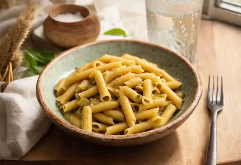 Penne z sosem pesto, idealne na szybki obiad. Dowiedz się, ile gotować makaron, by był al dente.